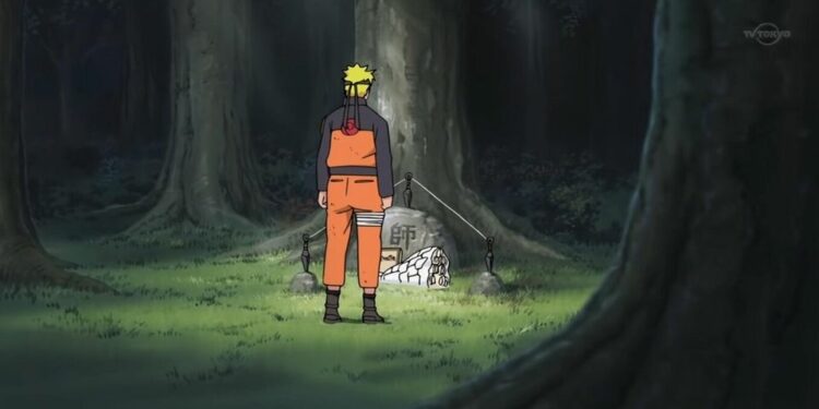 Naruto đứng trước mộ Jiraiya