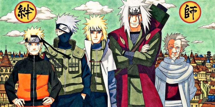 Các nhân vật Naruto, Jiraiya, Hiruzen, Kakashi, Minato và Jiraiya